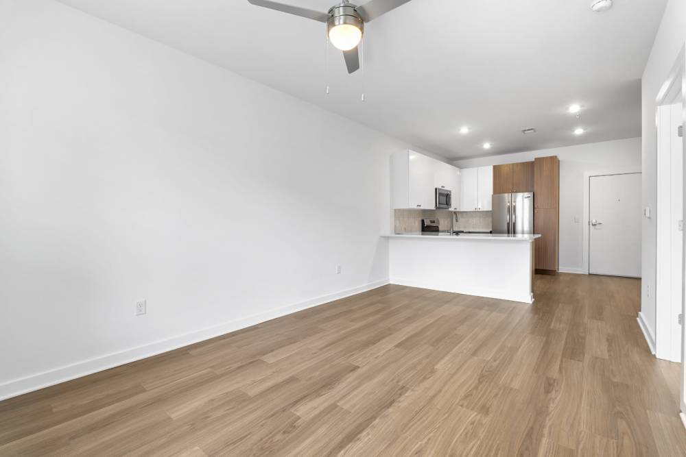 Living room showcasing a ceiling fan with light and the kitchen at The Alder on Dabney in Richmond, Virginia