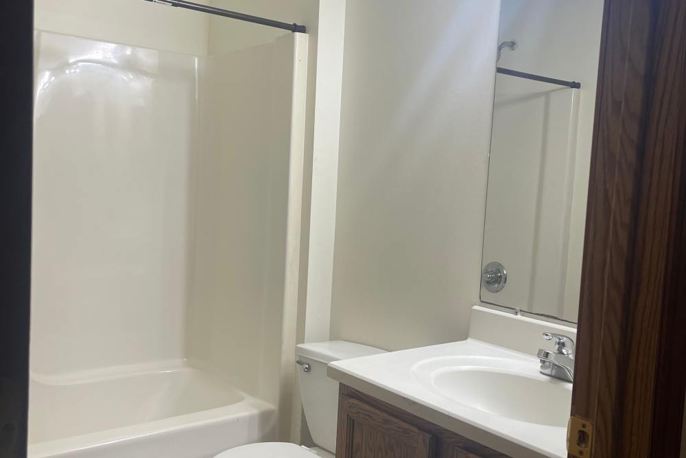 Bright bathroom with shower and tub at Trinity Buena Vista in Saint Charles, Michigan,