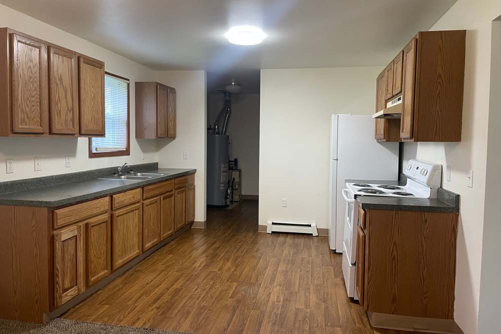 Upgraded kitchen with wood-style flooring at Trinity Buena Vista in Saint Charles, Michigan,