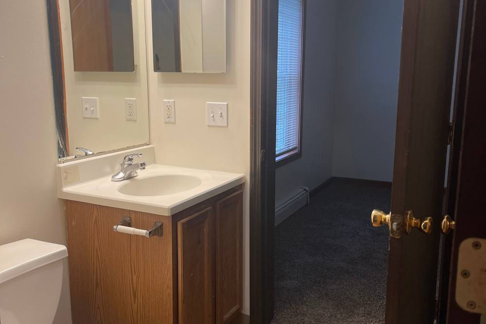 Bathroom with large mirror at Trinity Buena Vista in Saint Charles, Michigan,