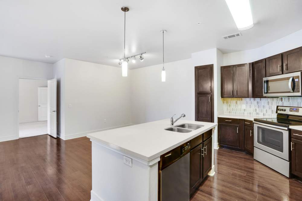 Open layout kitchen with easy access to living room at Trinity Bluff & Trinity District in Fort Worth, Texas