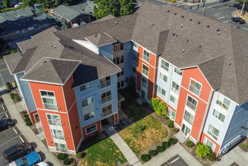 Aerial view of the apartments at Blanton Commons in Beaverton, Oregon