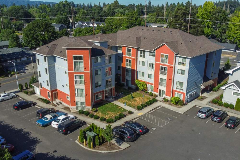 Aerial view of the community at Blanton Commons in Beaverton, Oregon