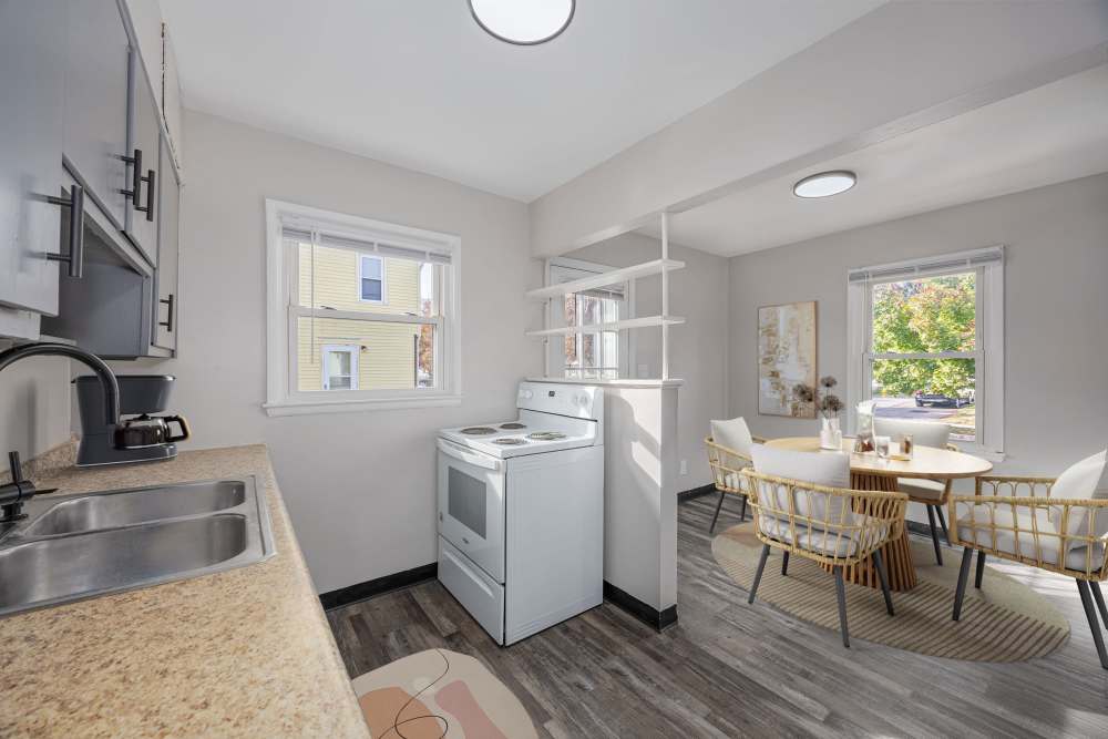 Fully equipped kitchen in the apartment at Eden Green Townhomes in Columbus, Ohio