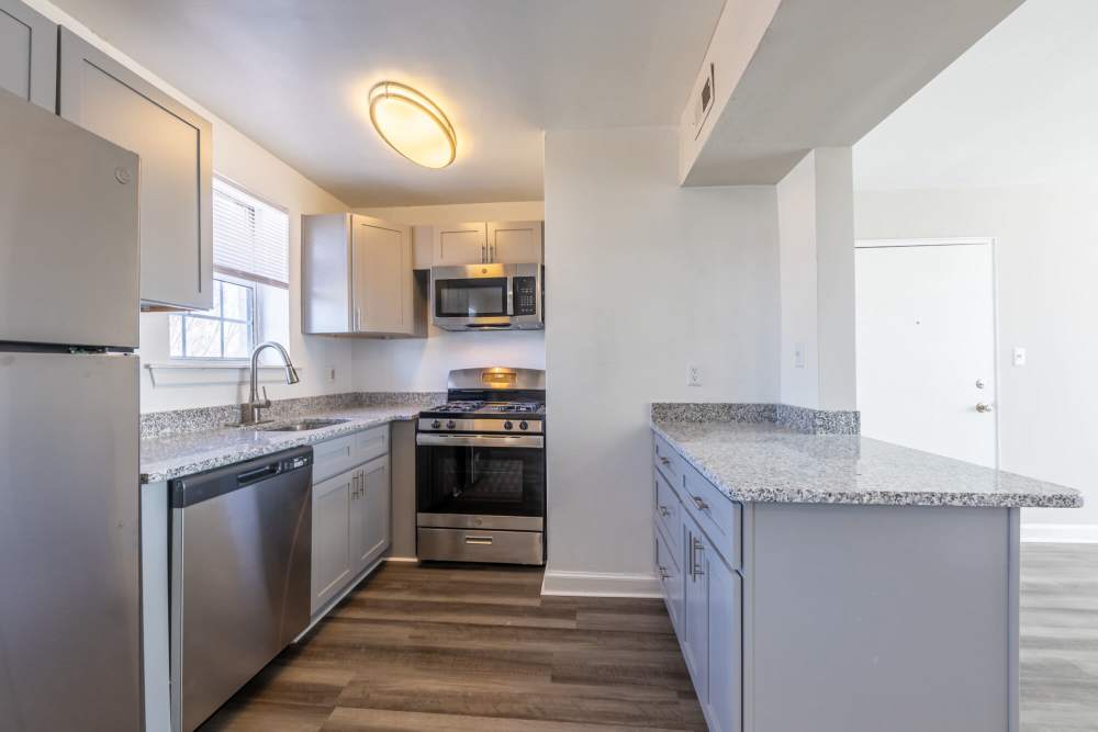 Kitchen with a sink, granite countertops and hardwood-style flooring at Parkwood Manor in Norfolk, Virginia