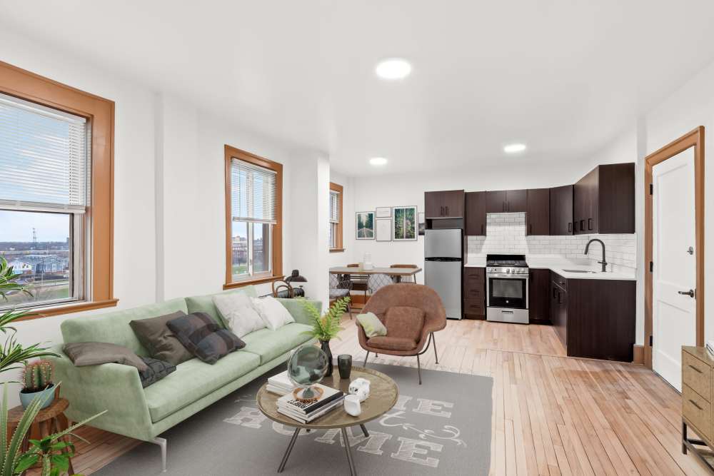 Living room with wood-style flooring at Detroit Living in Detroit,Michigan