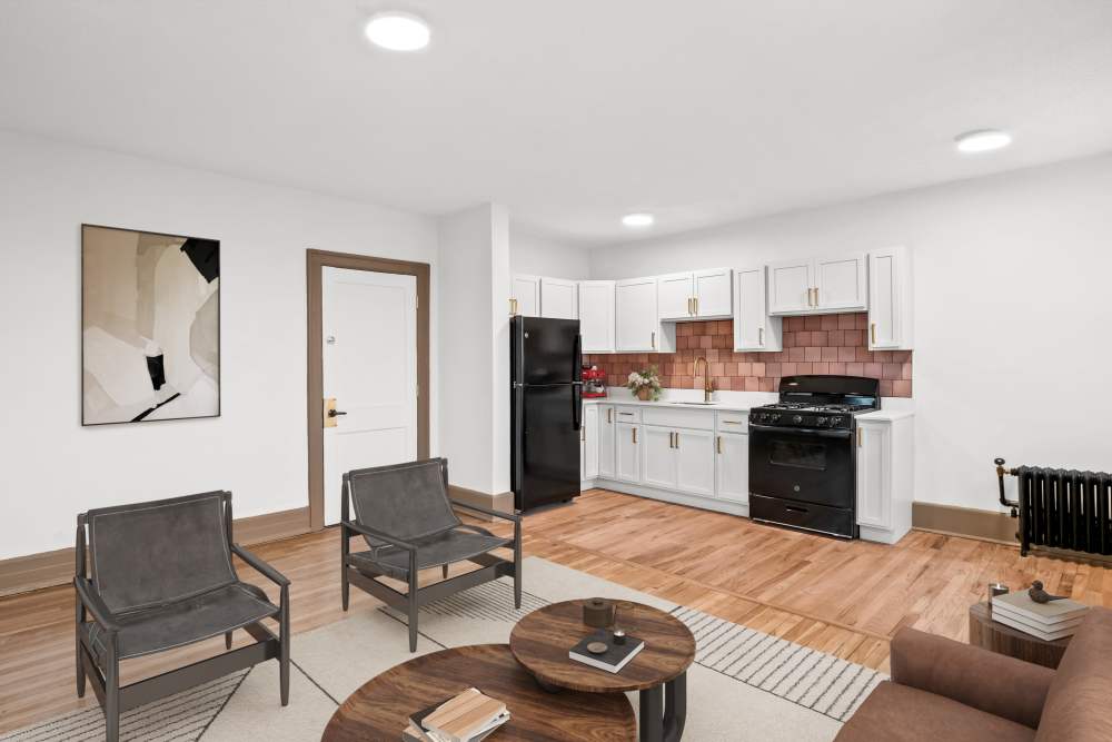 Living room and an open-kitchen at Detroit Living in Detroit,Michigan