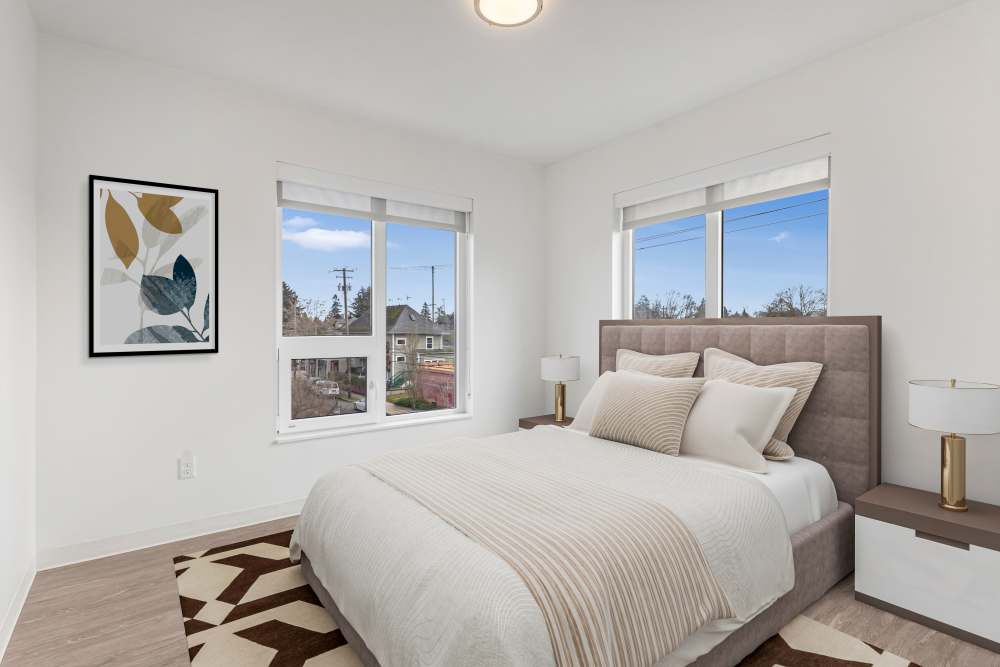 Modern bedroom with a large bed at Koz on Killingsworth in Portland, Oregon