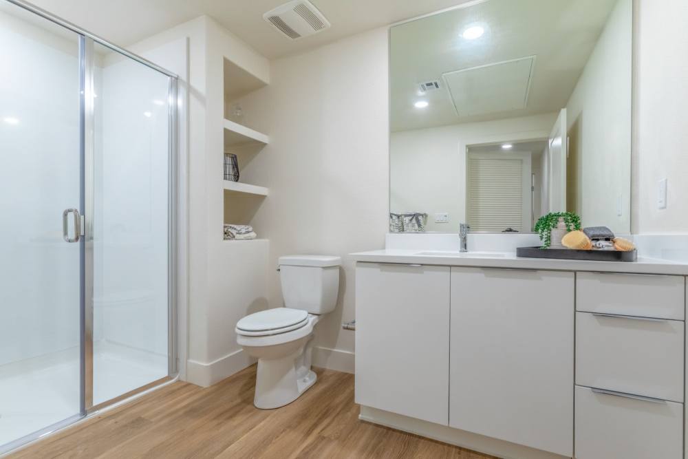 Bathroom with shelving at The Fields in Milpitas, California