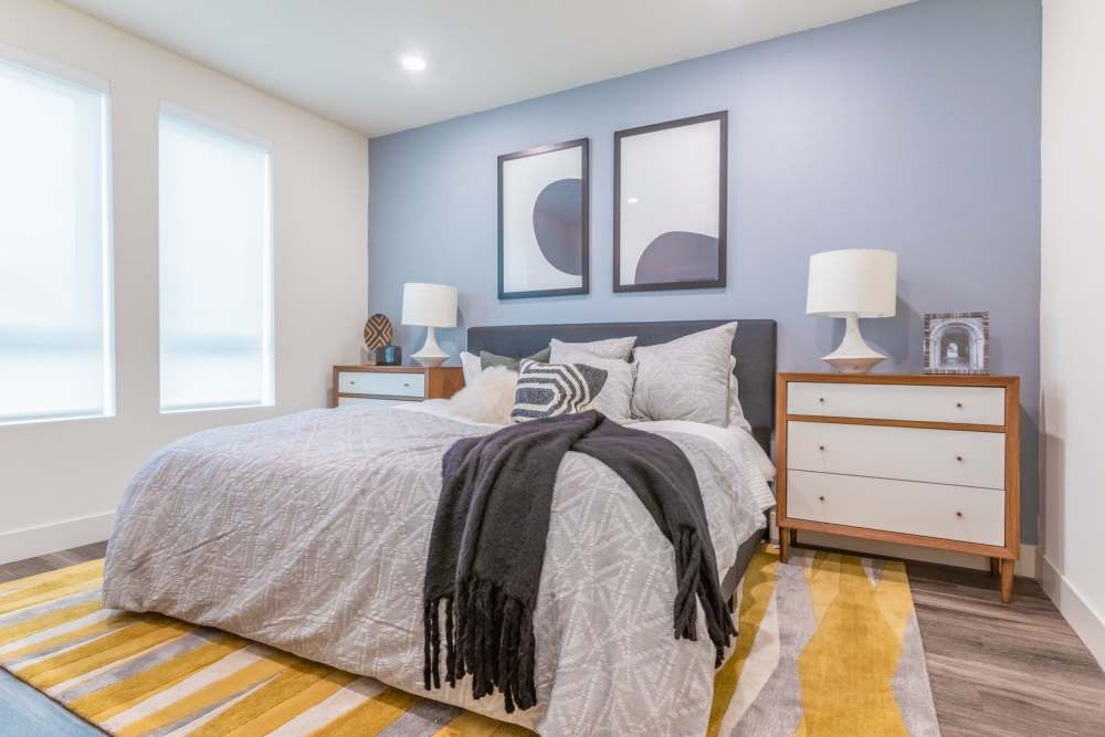 Blue accent wall in a home at The Fields in Milpitas, California