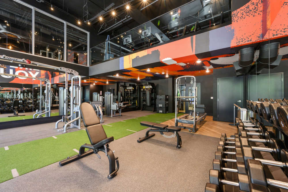 Weight lifting area in the Graham fitness center at The Fields in Milpitas, California