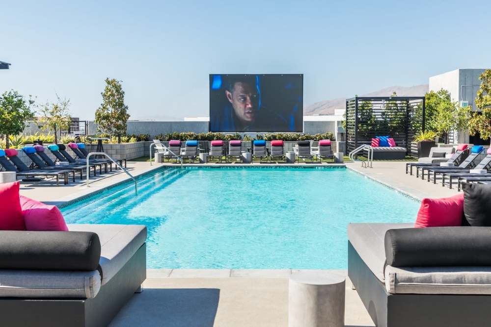 Turing swimming pool and LED screen at The Fields in Milpitas, California