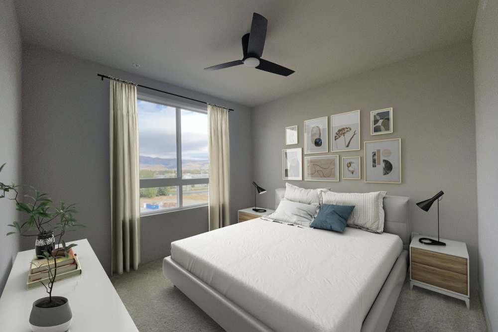 Modern ceiling fan in a bedroom at The Fields in Milpitas, California