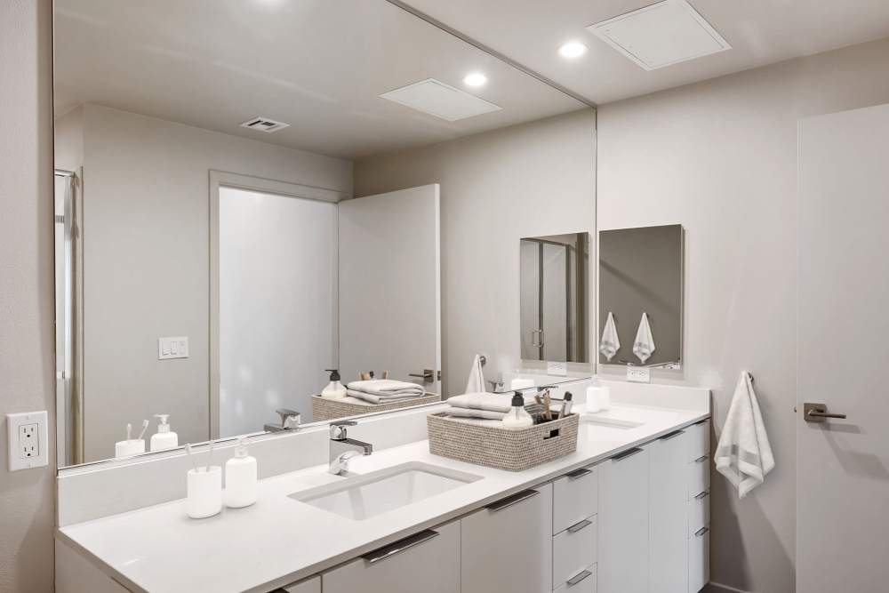 Modern apartment bathroom at The Fields in Milpitas, California