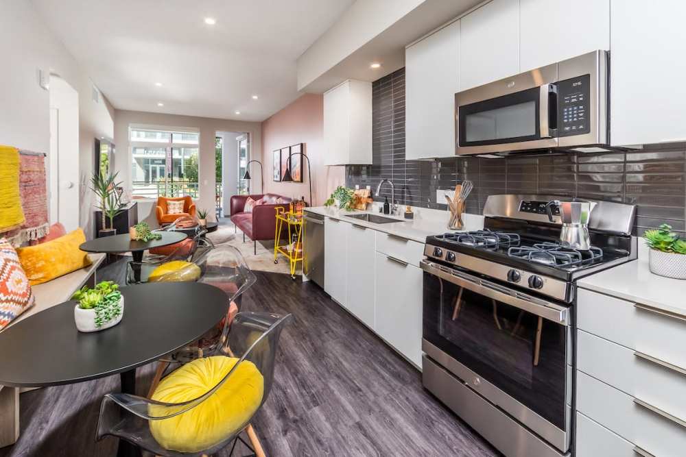 Furnished living room and kitchen at The Fields in Milpitas, California