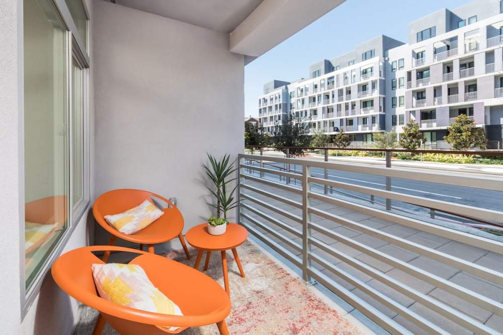 Patio furniture on a private patio at The Fields in Milpitas, California