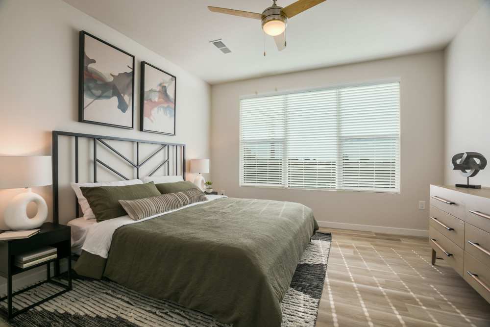 Bedroom with large window and ceiling fan at Olympus Latitude in Albuquerque, New Mexico
