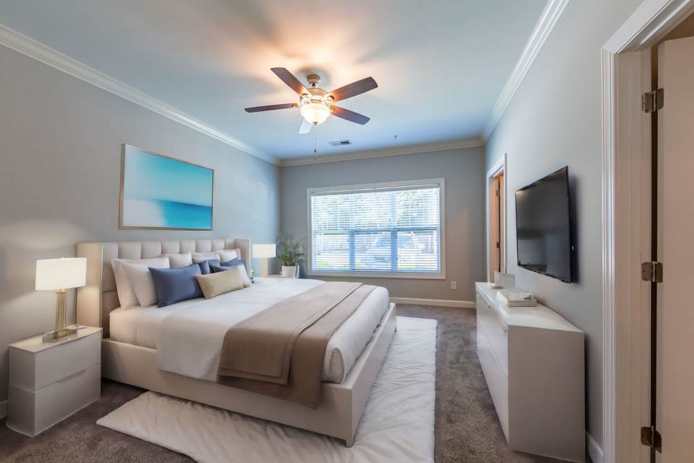 Bedroom with television at Amelia Apartments in Fayetteville, North Carolina