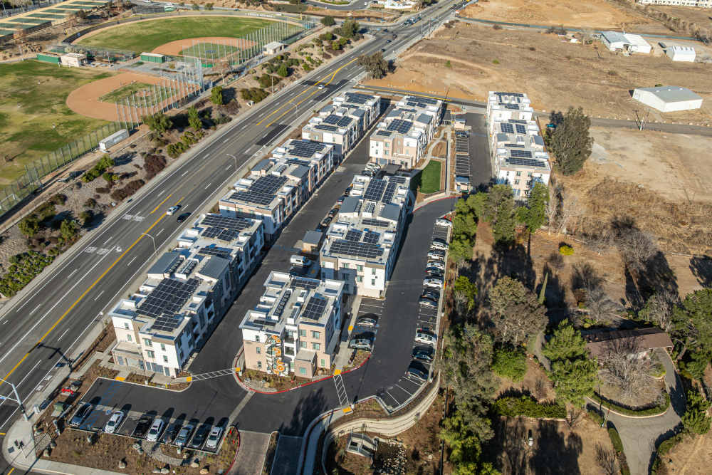 Bird's-eye view of a housing complex at Monamos Terrace Apartments in Murrieta, California