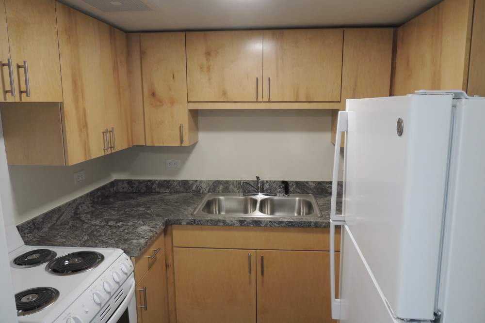 Fridge and stove in a kitchen at Capital Towers in Raleigh, North Carolina