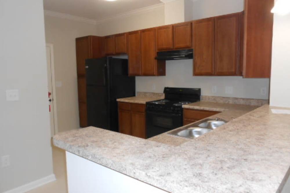 Kitchen with black appliances at Ellsworth Commons Apartments in Greenville, North Carolina
