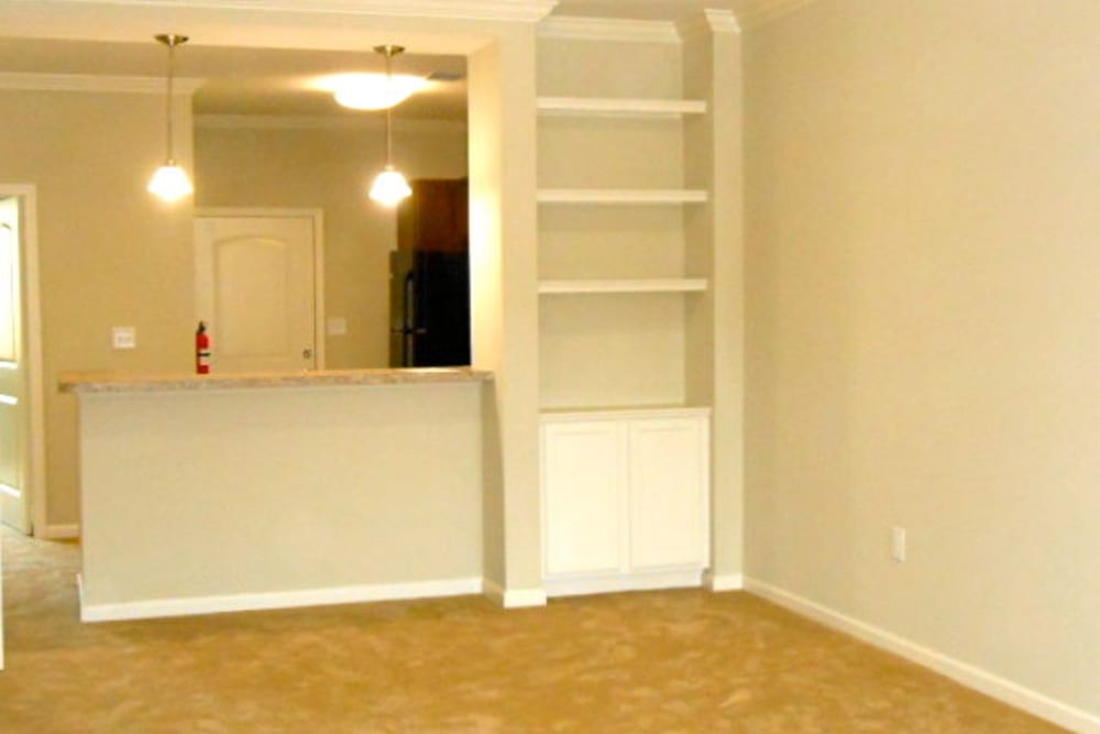 Built-in shelving in a living room at Ellsworth Commons Apartments in Greenville, North Carolina