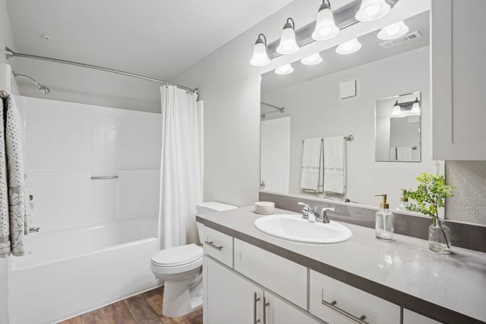 Large bathroom with plenty of cabinetry at Paloma Summit Condominium Rentals in Foothill Ranch, California