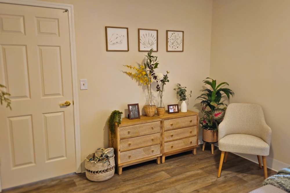 Interior view of a room with a chair, a dresser, and a floor plant at Neawanna By The Sea in Seaside, Oregon