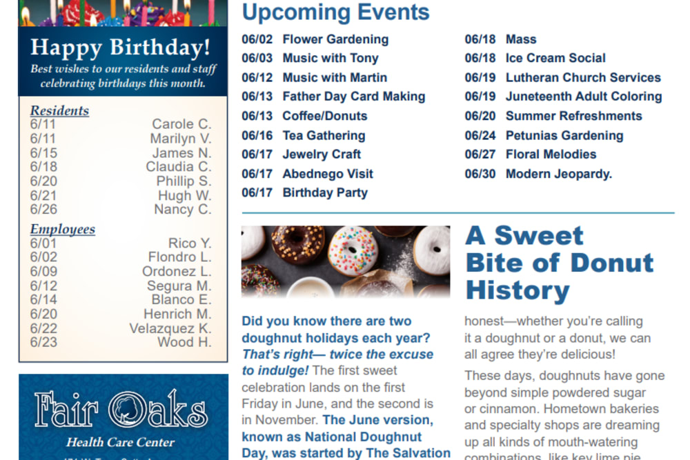 June 2025 Newsletter at Fair Oaks Health Care Center in Crystal Lake, Illinois