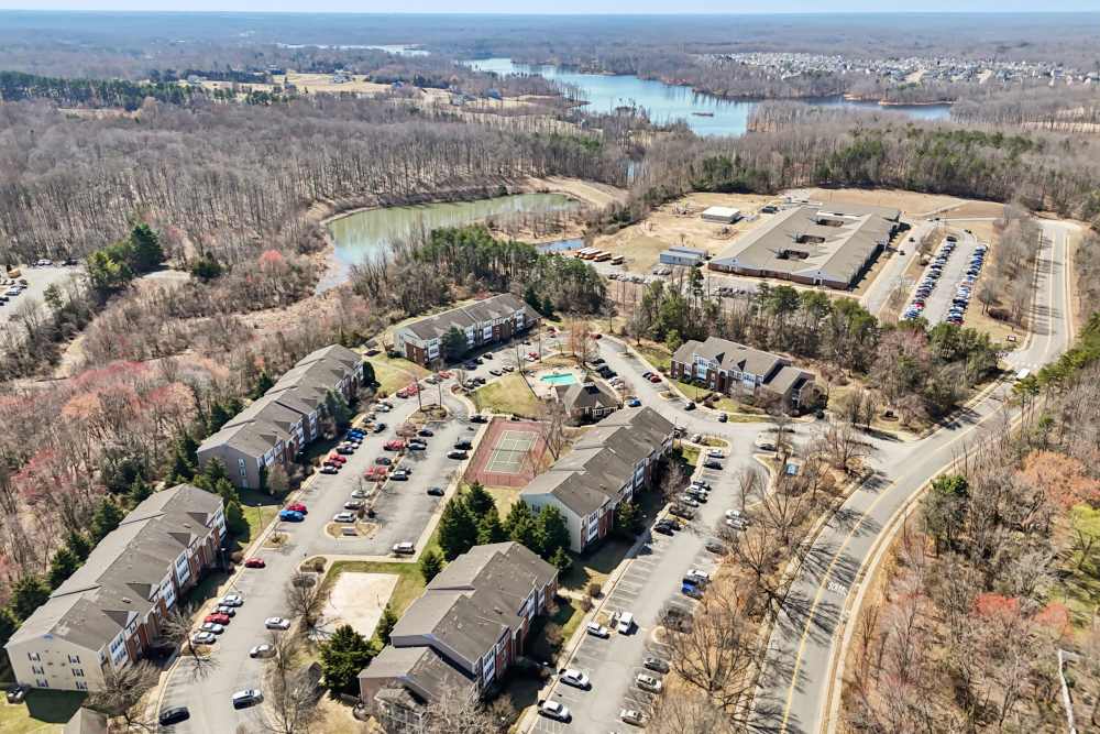 Aerial view of community at Malvern Lakes Apartments in Fredericksburg, Virginia