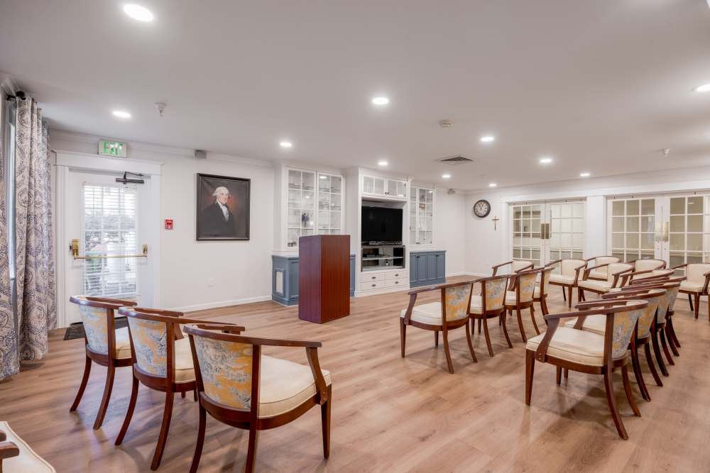 Community room with podium at Truewood by Merrill, Vancouver in Vancouver, Washington