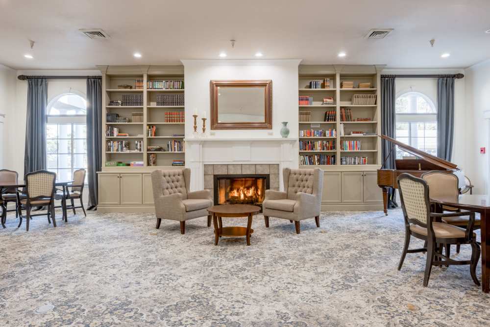 Library with fireplace at Truewood by Merrill, Vancouver in Vancouver, Washington