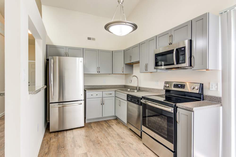 Apartment kitchen with wood-style flooring and stainless-steel appliances at Doria Apartments and Townhomes in Virginia Beach,Virginia