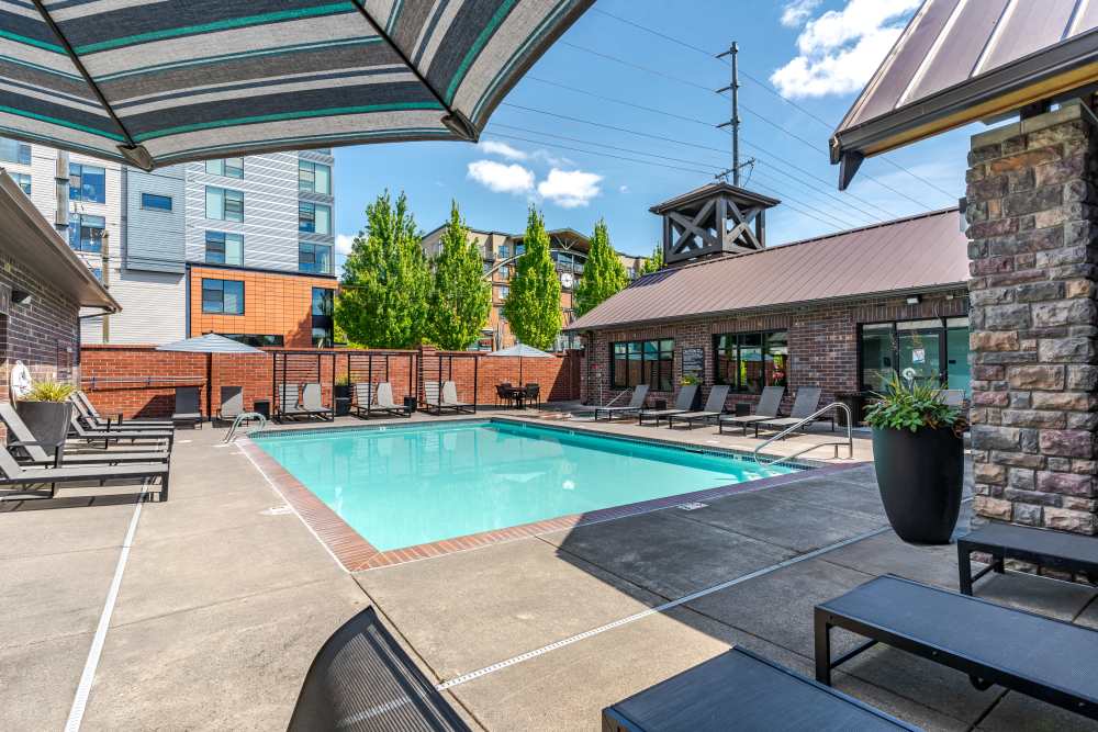Pool and lounge chairs at night at Avery at Orenco Station in Hillsboro, Oregon