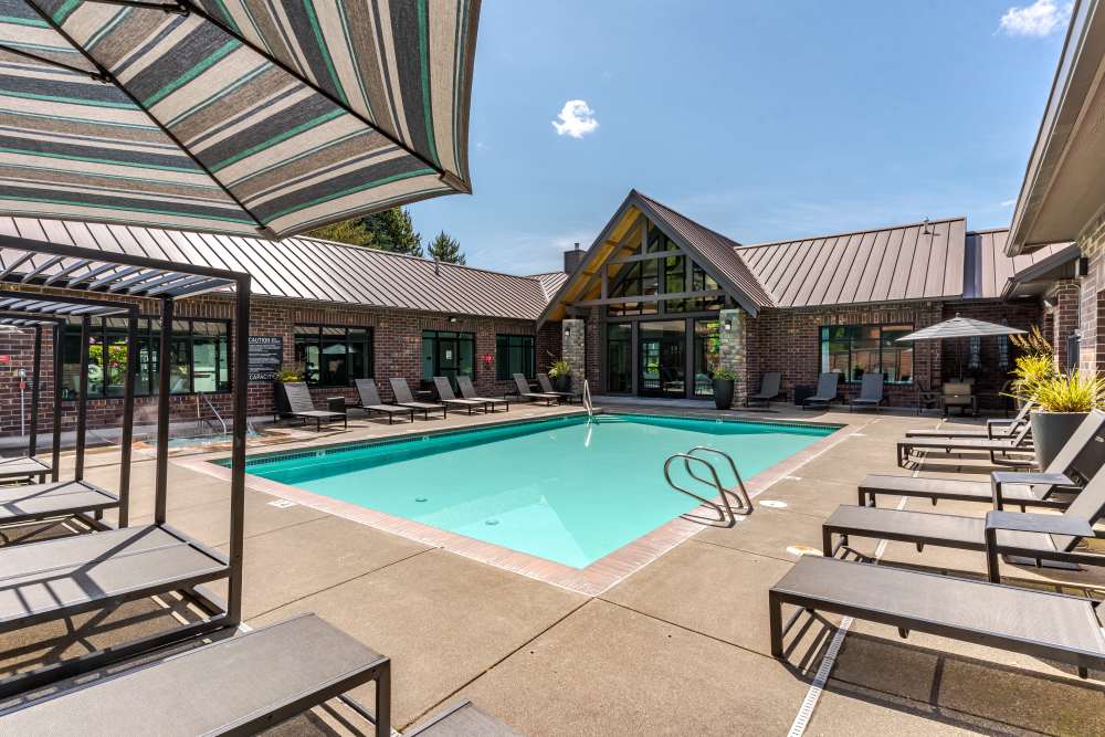 Spacious swimming pool at night at Avery at Orenco Station in Hillsboro, Oregon