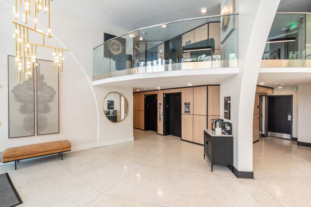 Comfortable lobby seats at Tower 801 in Seattle, Washington