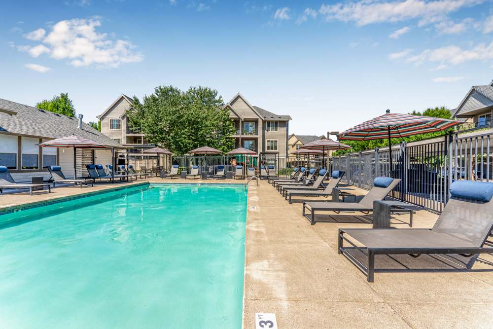 Pool and lounge chairs at The Jones in Hillsboro, Oregon