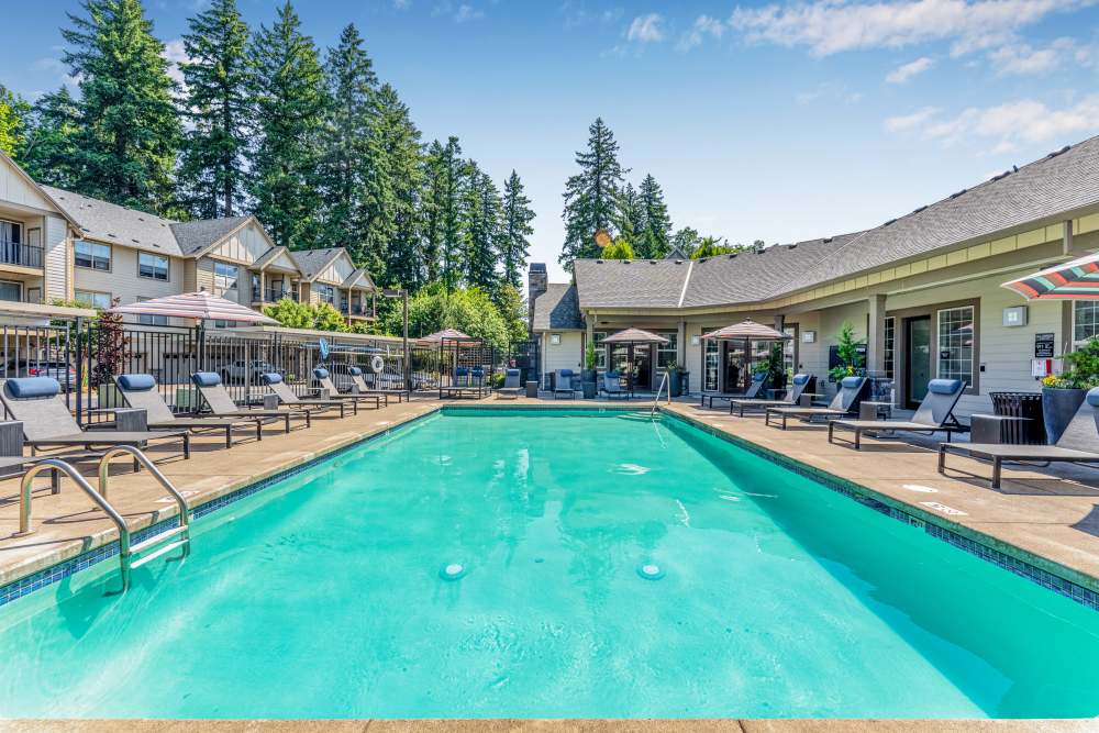Large swimming pool at night at The Jones in Hillsboro, Oregon