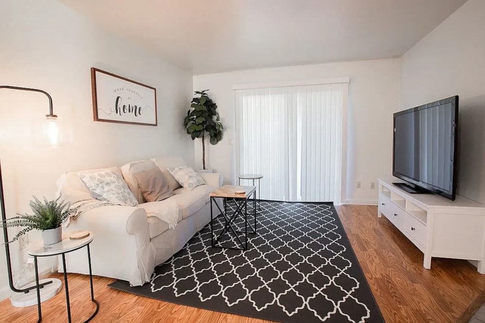 Living room with TV at Walnut Apartments in Santa Rosa, California