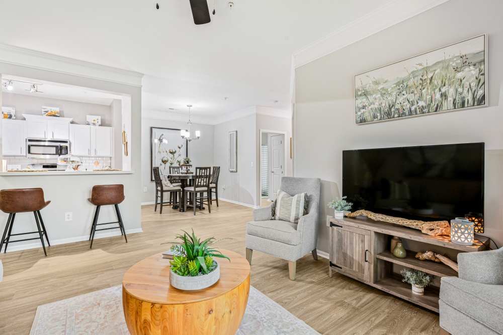 Modern living room with light wood flooring, featuring a cozy gray armchair, wooden coffee table with plants, and a large TV at Retreat at Johns Creek in Duluth, Georgia