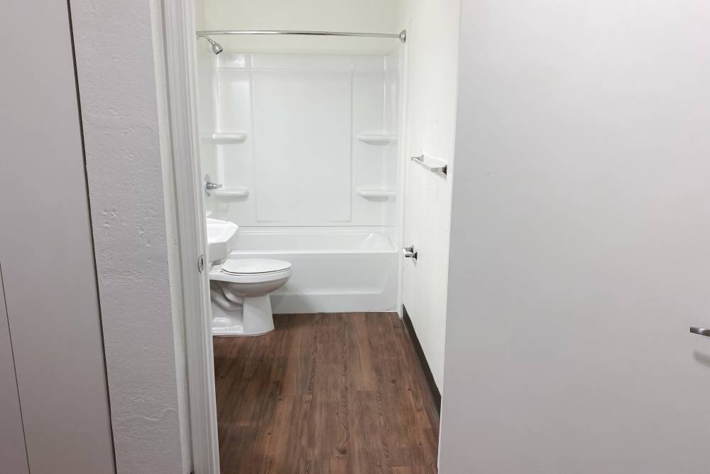 Bathroom with tub and shower at Perry Acres Apartments in New Haven, Michigan, 