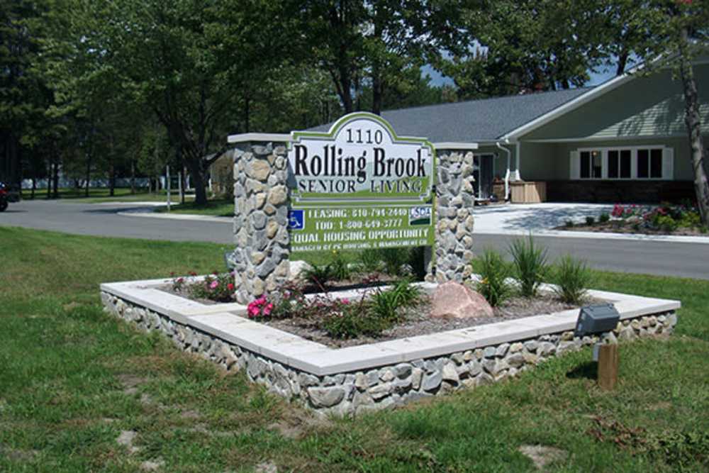 Community signage board at Rolling Brook Apartments in Algonac, Michigan