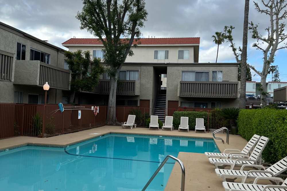 Pool view from the south at Alpine Terrace Apartments in Canoga Park, California