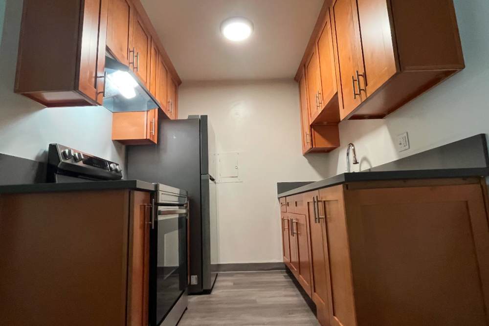 Kitchen with ready to use equipment at Valley Pride Village in Sylmar, California