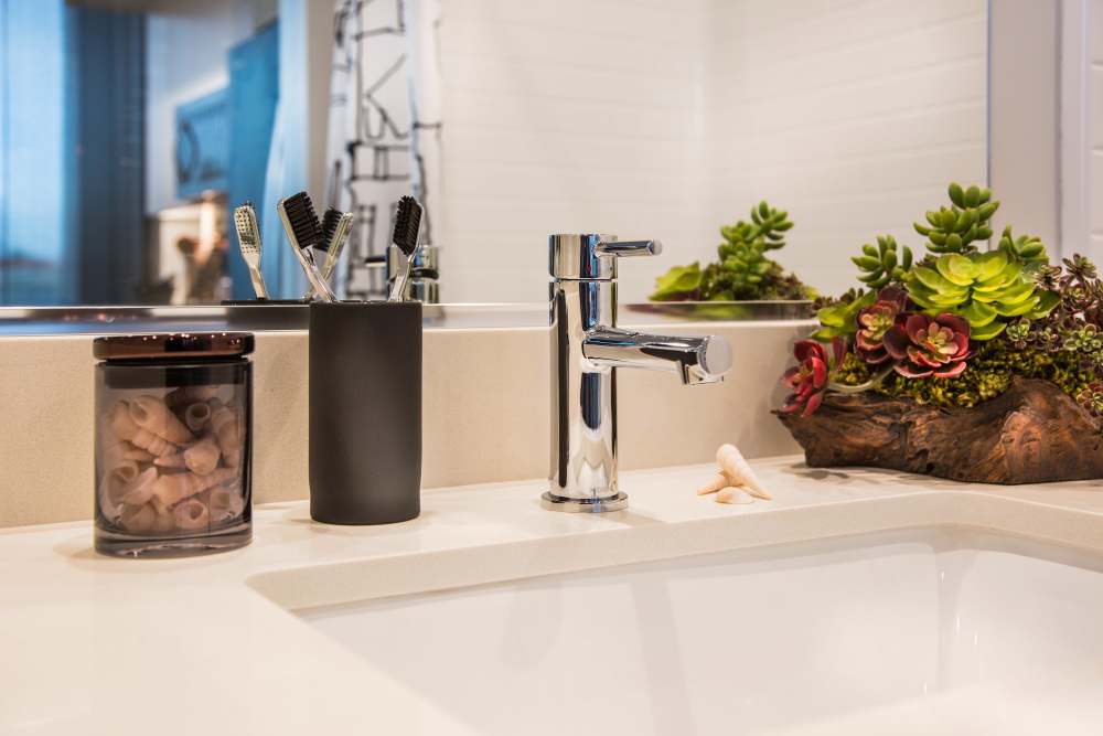 Bathroom sink details at The George Apartment Homes in Anaheim, California