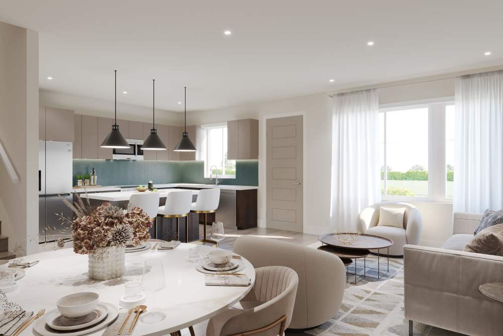 Living room with access to kitchen at Union at the Park in Denver, Colorado