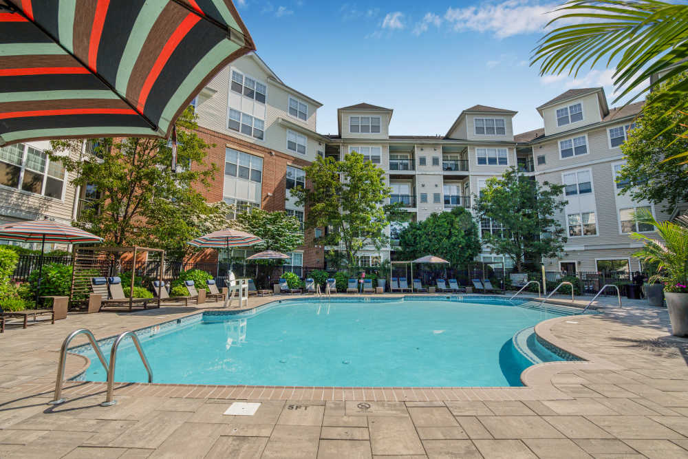 Outdoor grilling area near the pool with tables and chairs to eat in at Sofi Lyndhurst in Lyndhurst, New Jersey