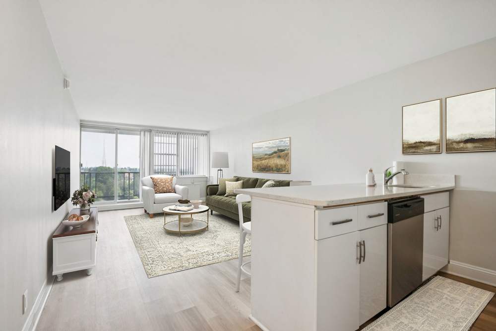 Spacious Living Room & Kitchen at Chestnut Hill Tower in Philadelphia, Pennsylvania