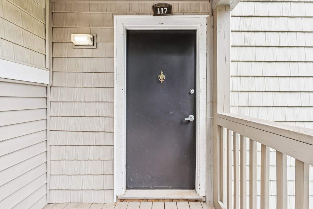 Entrance with balcony at Pinewood Station in Hillsborough, North Carolina