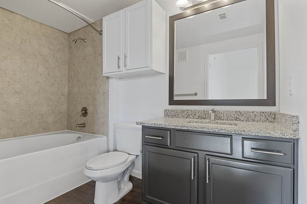 Bathroom with vanity mirror at Ashwood in Pflugerville, Texas
